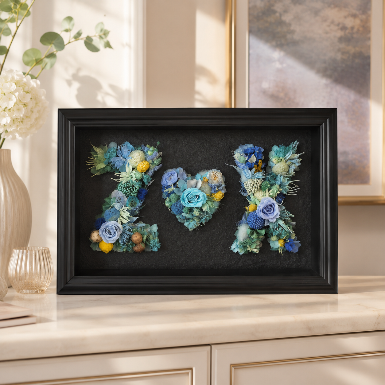 Custom Blue Floral Initial Letter Shadow Box