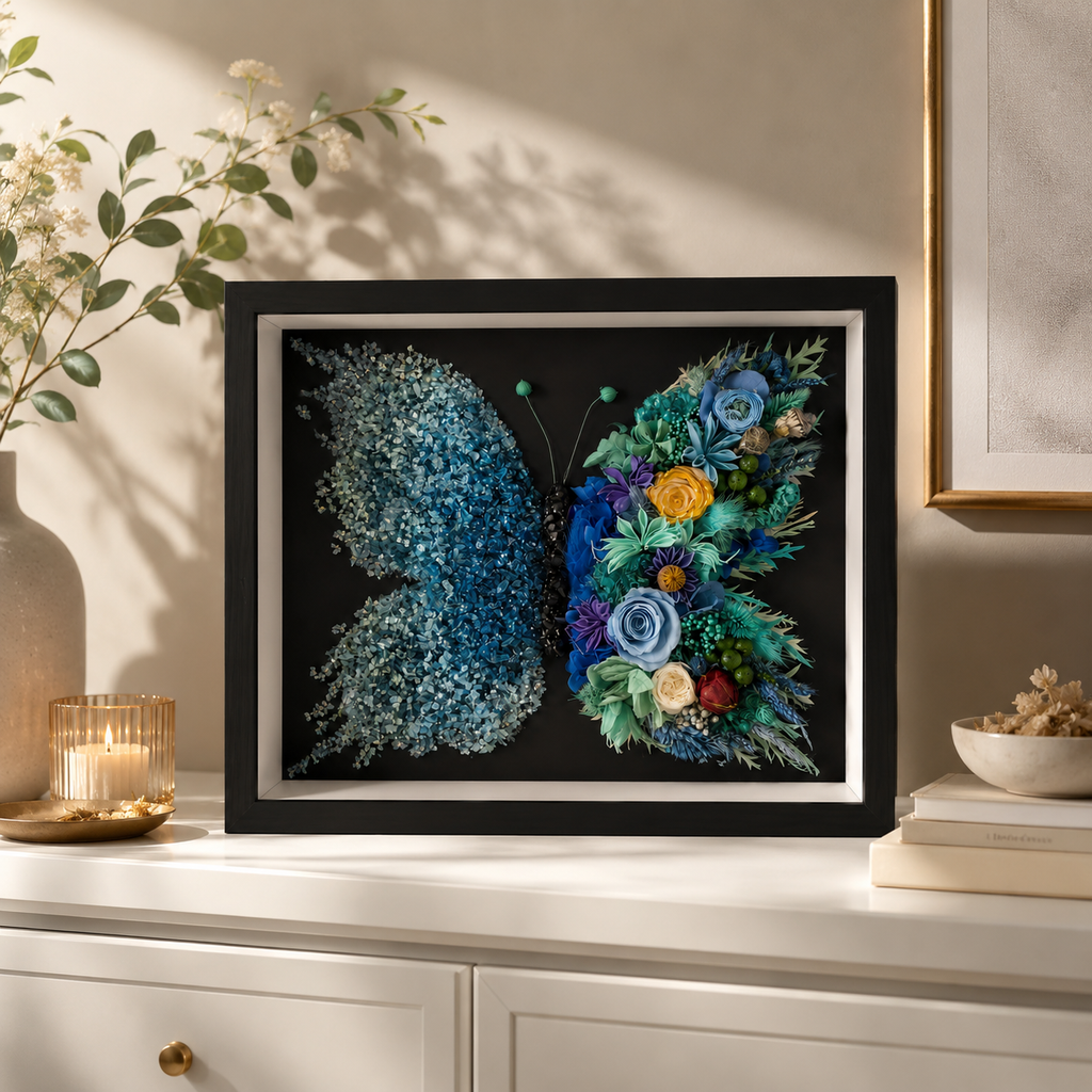 Azure Midnight Preserved Flower Butterfly Shadow Box