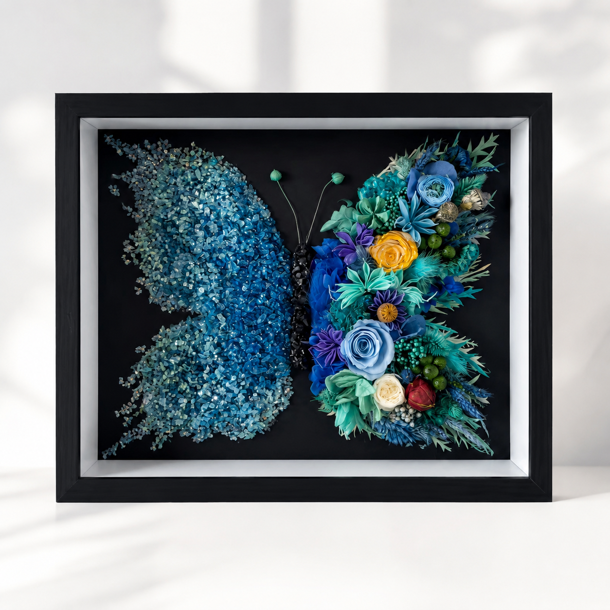 Azure Midnight Preserved Flower Butterfly Shadow Box
